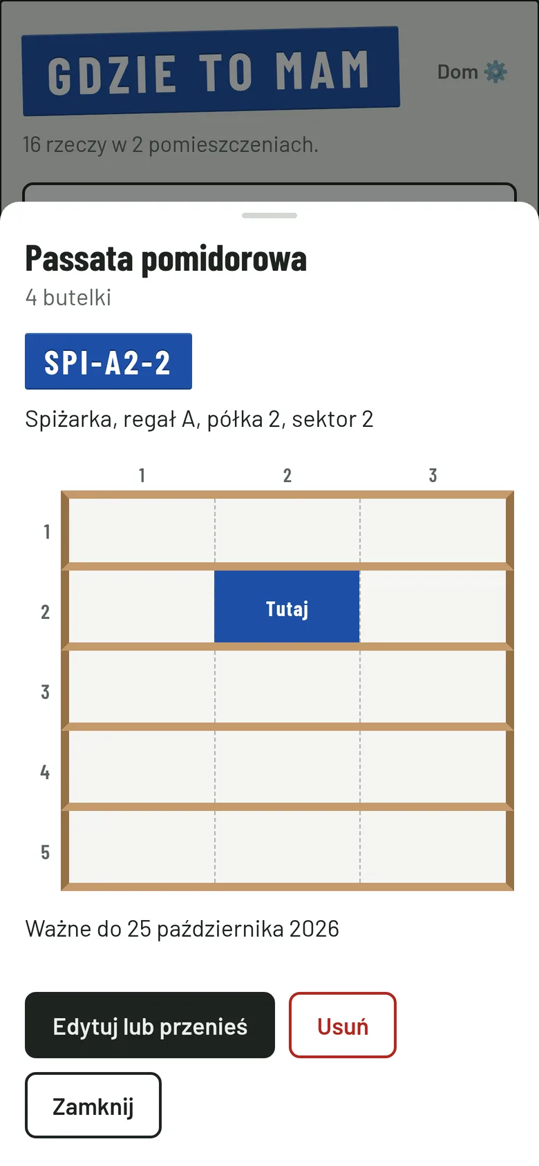 Szczegóły rzeczy Passata pomidorowa: adres SPI-A2-2, regał z zaznaczoną półką i data ważności.