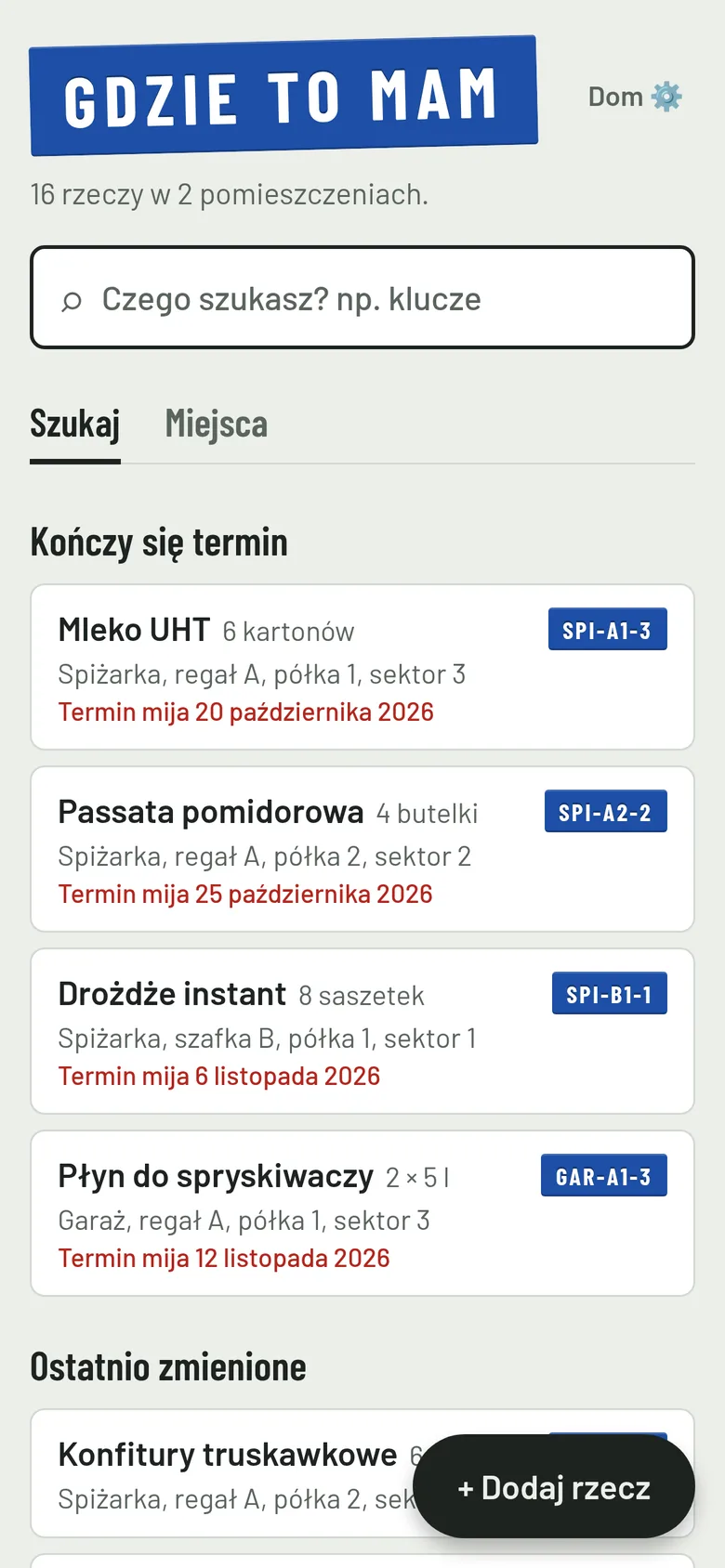 Ekran główny z kończącymi się terminami.
